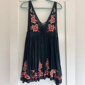 Free People Intimates Aida Navy Blue Embroidered Floral Dress Slip Top Small